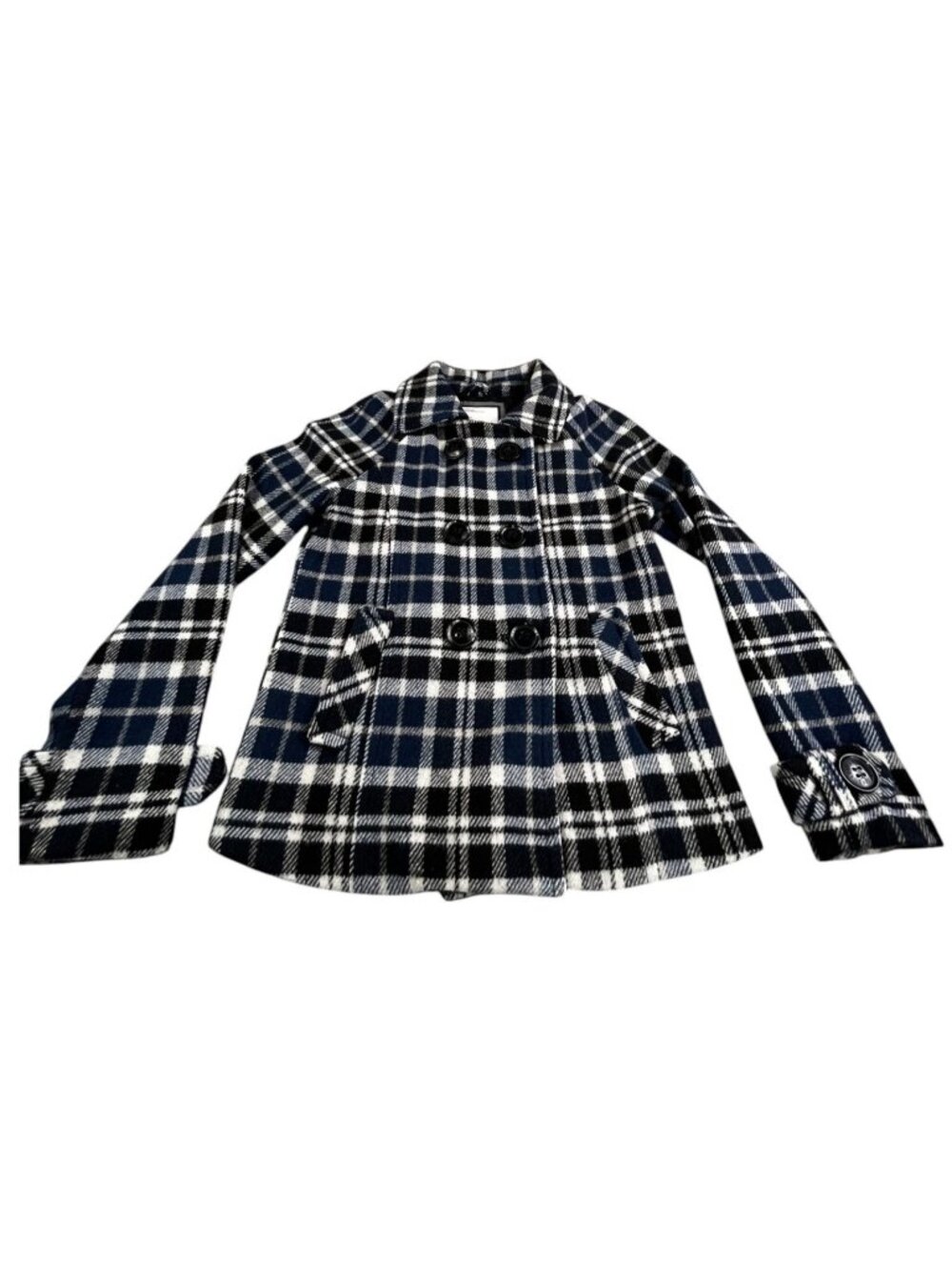 Aeropostale Peacoat Women Medium Blue Black White Plaid Double Breasted Coat Y2K